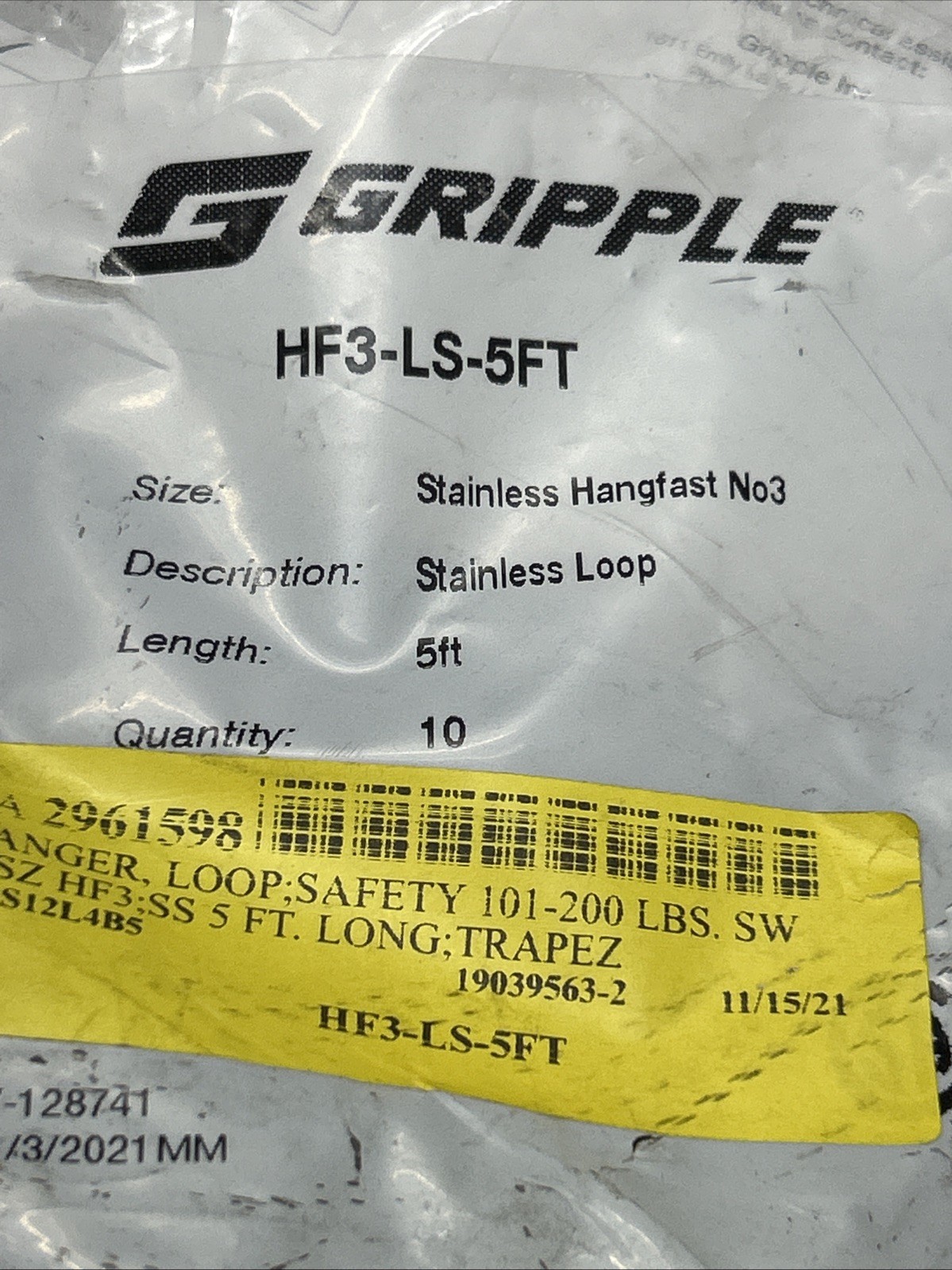Gripple HF3-LS-5FT (10) S/S Loop Hangers In Sealed Bag Fast Shipping! + Warranty