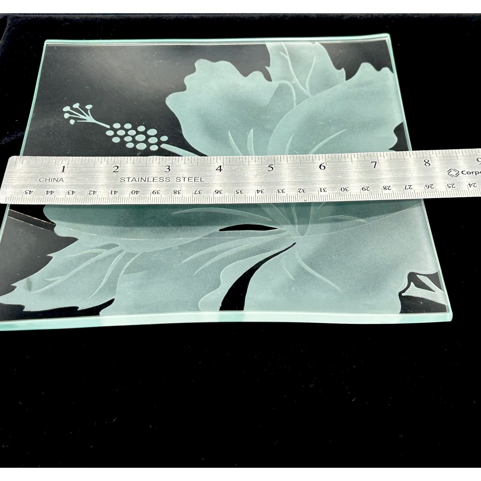 Frosted Glass Hibiscus Flower Square Decorative Tray Etched Clear Glass 7.75in