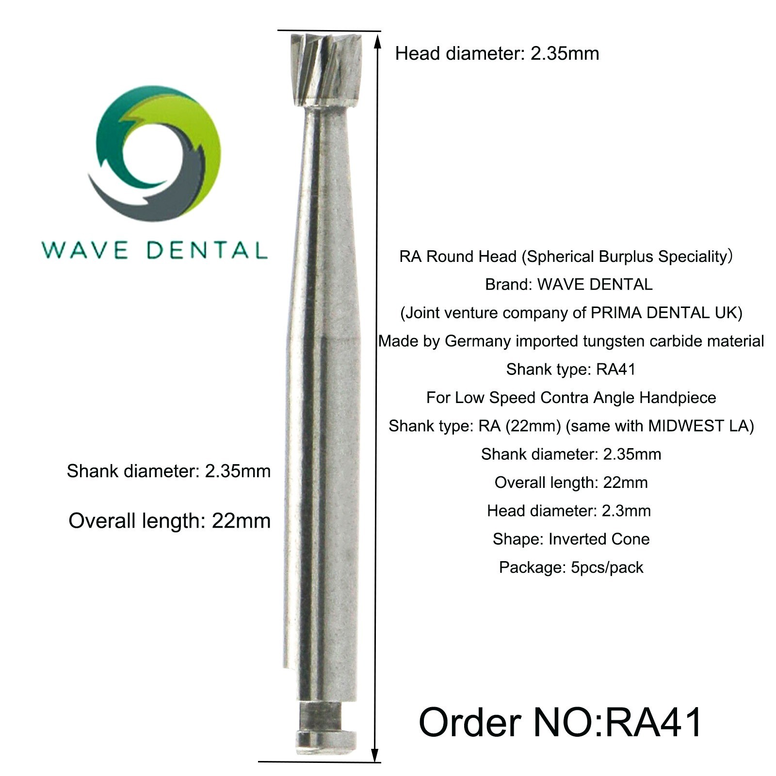 US WAVE Dental Burs Round Latch RA 2.35mm COXO Low Speed Contra Angle Handpiece