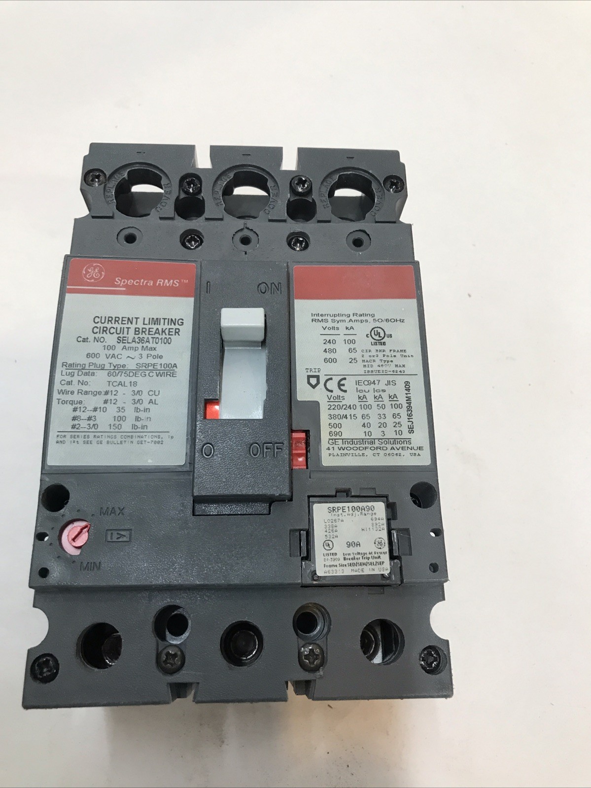 GE SELA36AT0100 /w 90A Trip 100A 600V 3Pole Spectra RMS Circuit Breaker