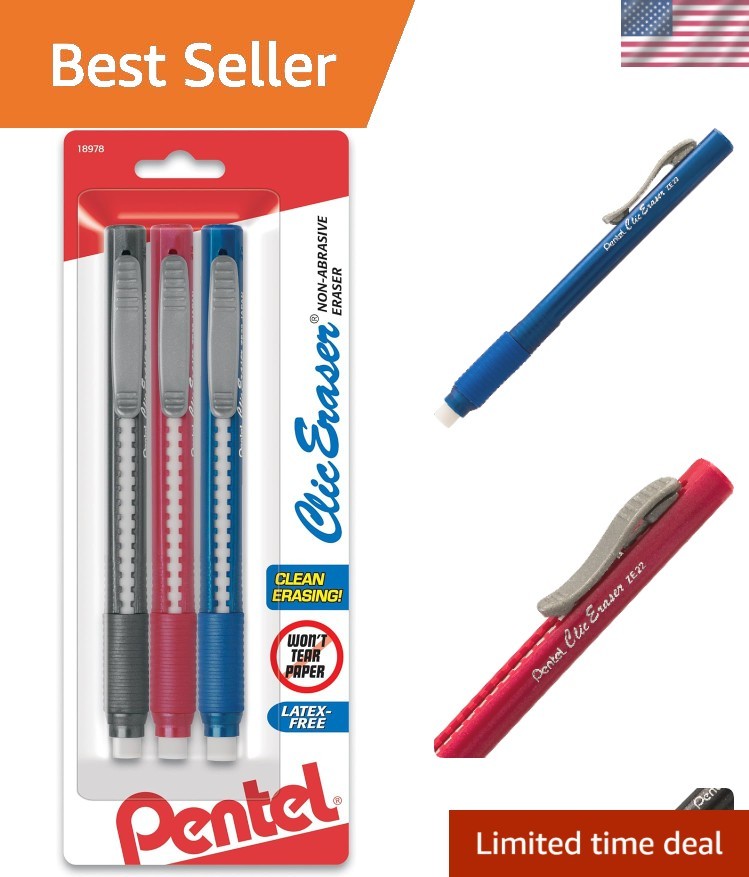 Comfortable Grip Retractable Erasers – 3 Pack Assorted Colors for Everyday Use