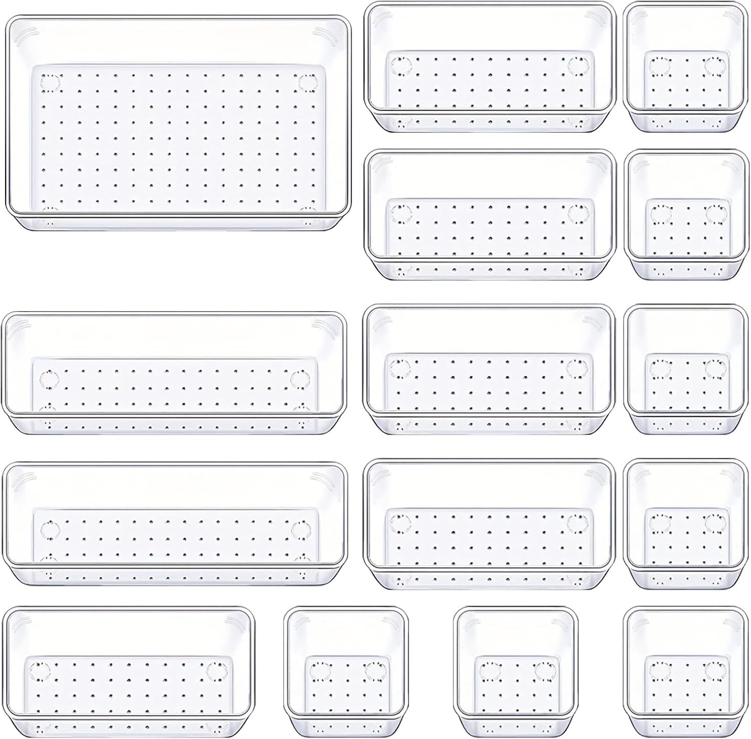 15 Piece Clear Drawer Organizer Set 4 Size Plastic Storage Bins for Desk Kitchen