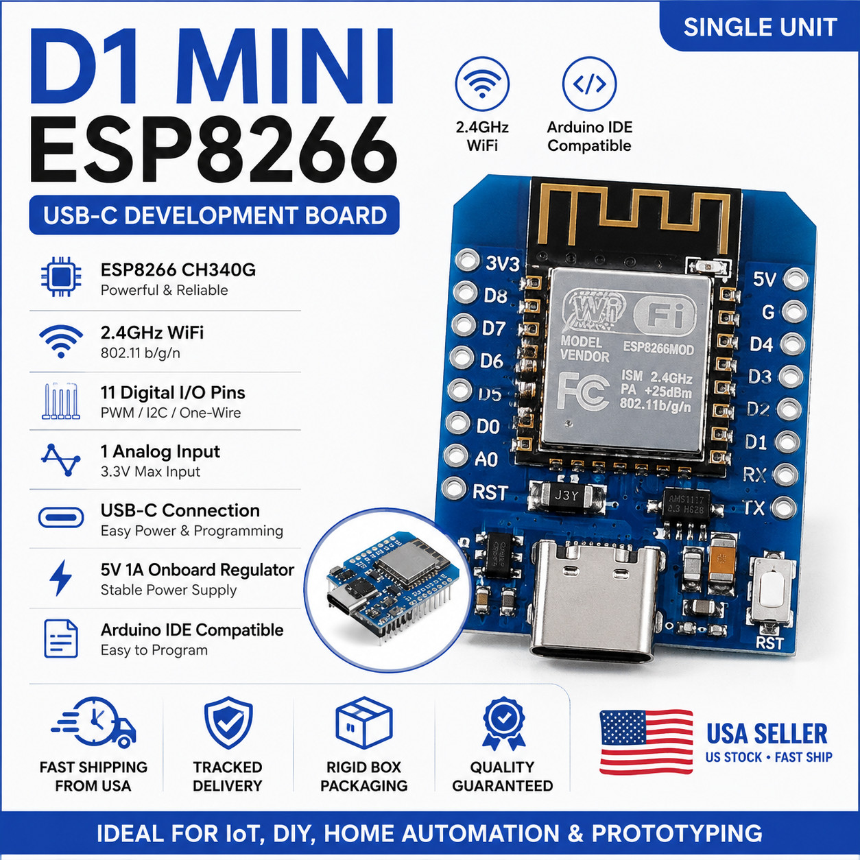 ESP8266 D1 Mini USB-C ESP-12F CH340 4MB WiFi IoT Development Board Arduino