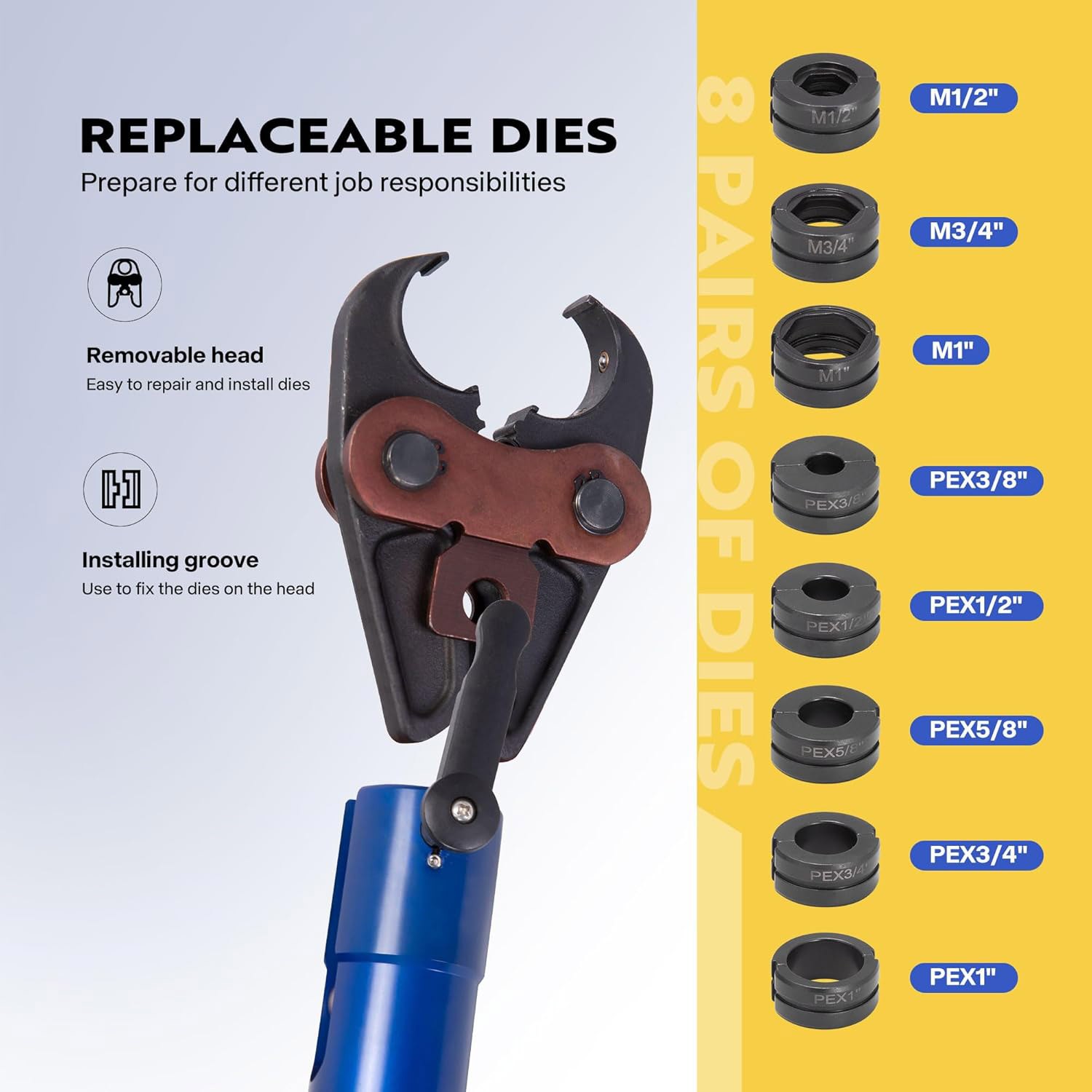 Copper Tube Fittings Hydraulic Pipe Crimping Tool with 1/2″, 3/4″ and 1″ Die Set