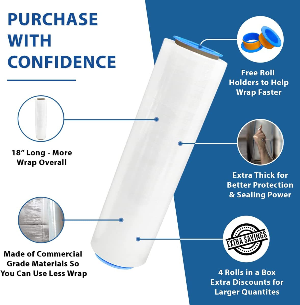 18″ x 1500′ 80 Gauge 4 Rolls Pallet Wrap Stretch Film Hand Shrink Wrap 1500FT