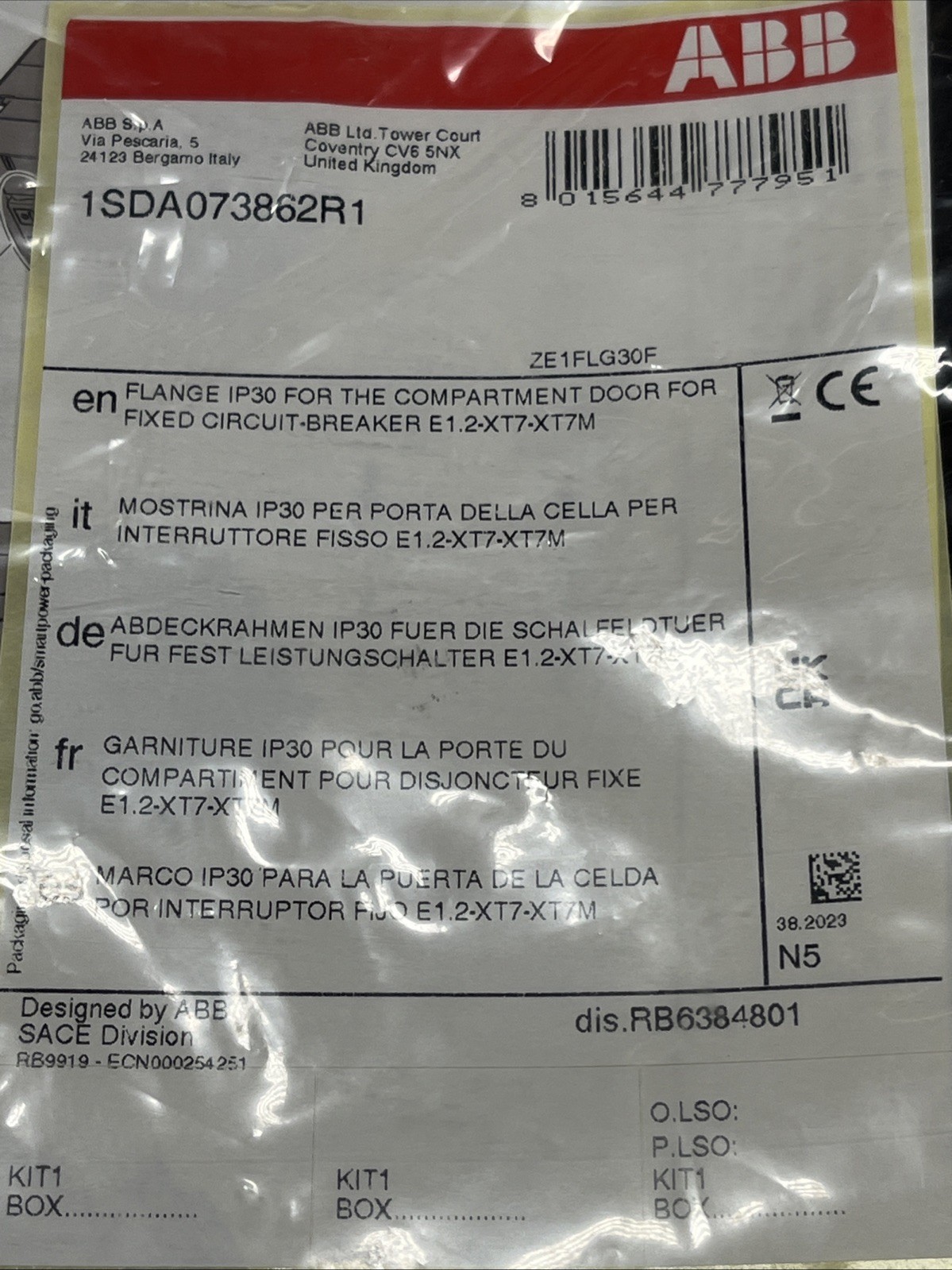 ABB Components 1SDA073862R1 Flange IP30 f/Fixed Circuit Breaker Compartment Door