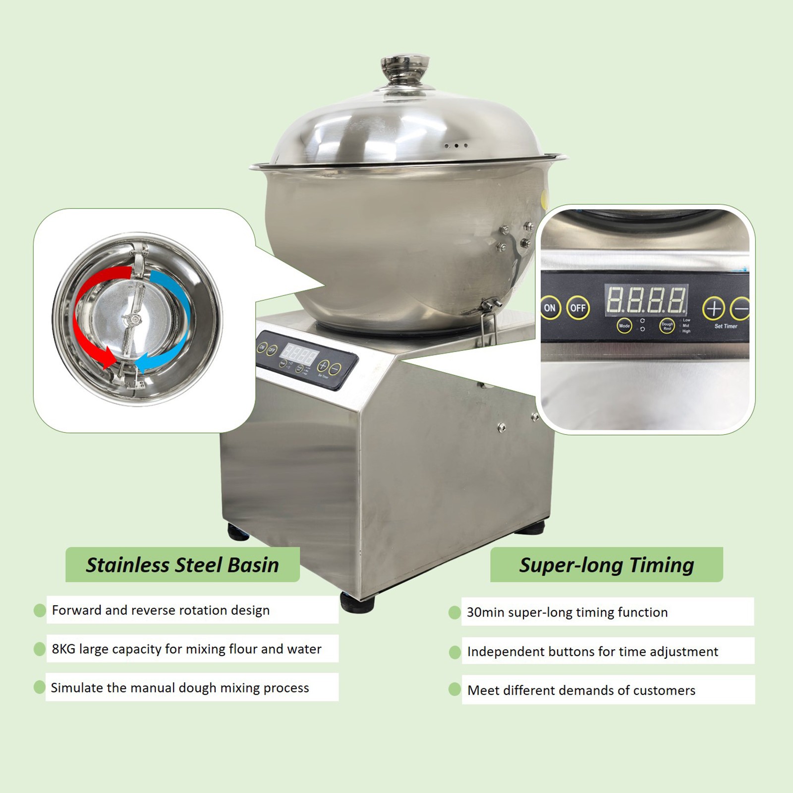Commercial 8KG Dough Mixer w Detachable Basin, Auto Reverse, 3-Temp Heat & Lock
