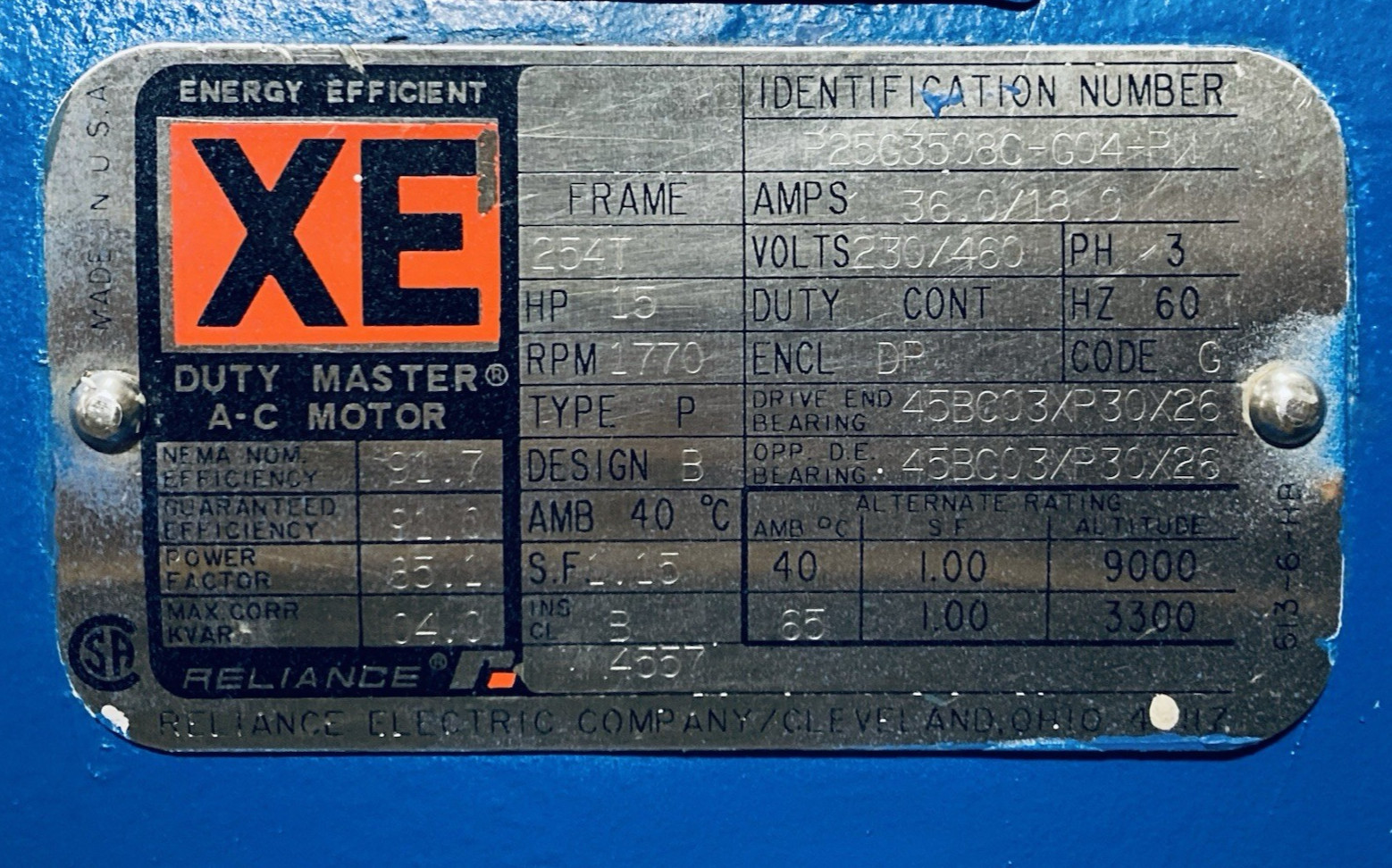 Reliance 15hp 254T 1770rpm 1-5/8″-Shaft DP 60hz 3ph Energy Efficient XE