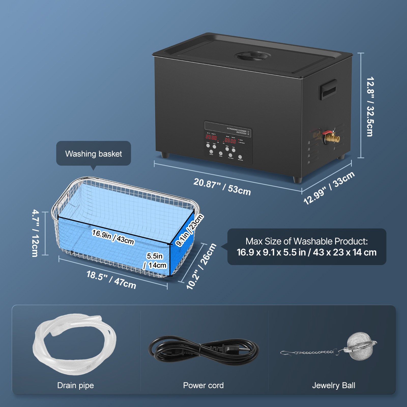 VEVOR Ultrasonic Cleaner 30L Cleaning Machine with Timer Heater & Basket 600W