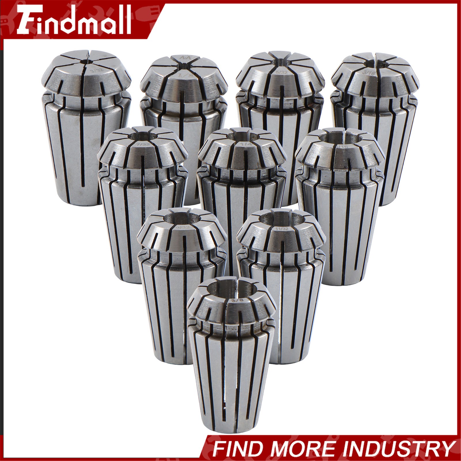 Findmall ER16 Collet Set 10 Pack Precision 3/32 to 3/8 Inch by 32nds 0.0002 TIR