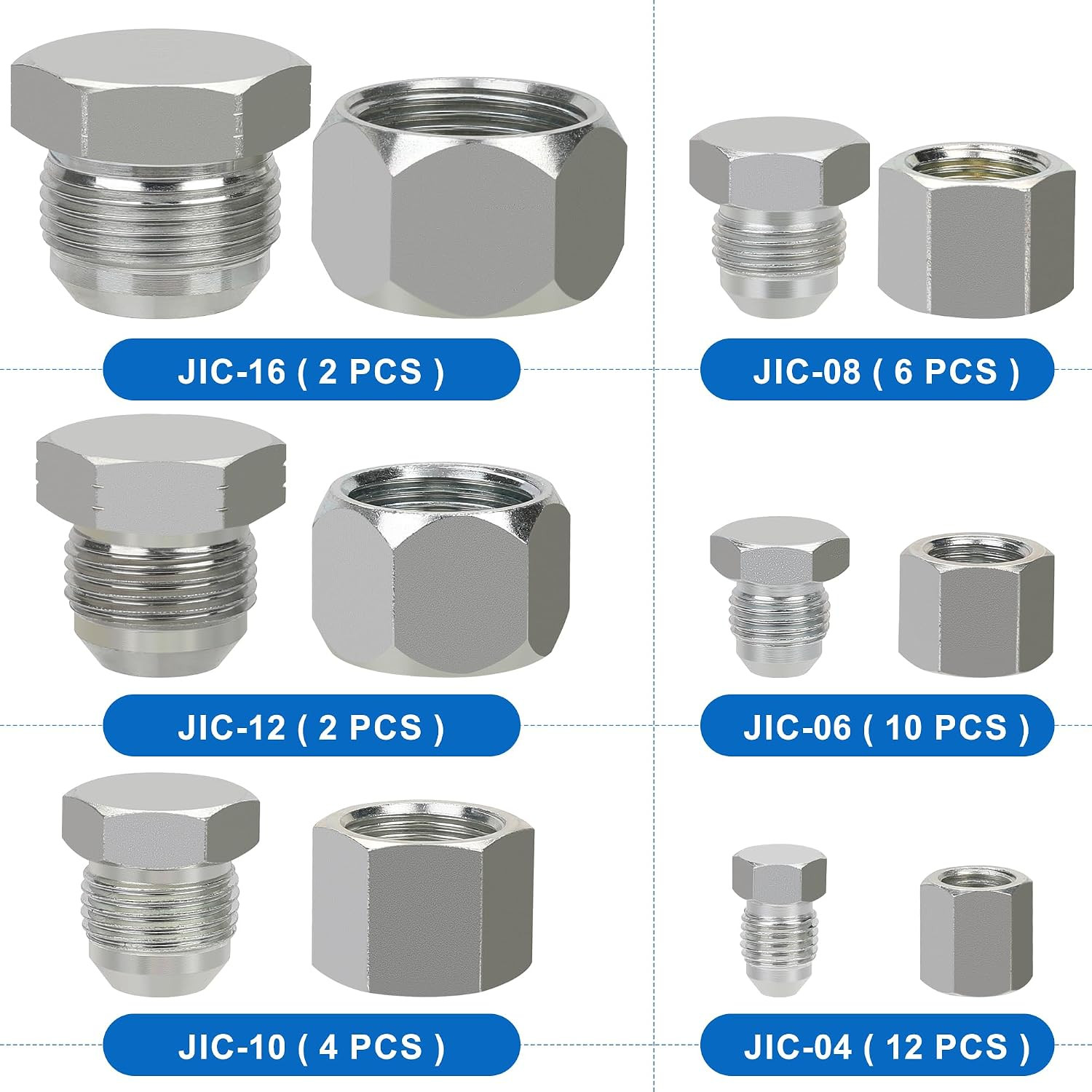 72PCS JIC Cap and Plug Set, 37 Degree Flare Threads Hydraulic Hose Fittings, Car