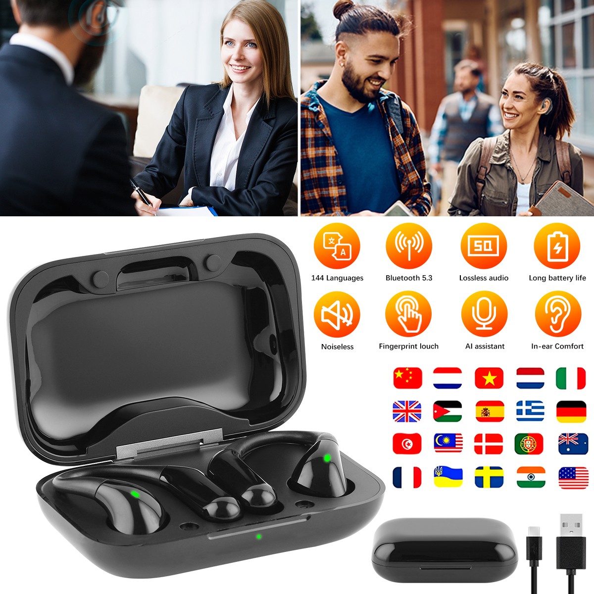 144+Language Translator Earbuds Bluetooth 5.3 Wireless Headphones Air Conduction