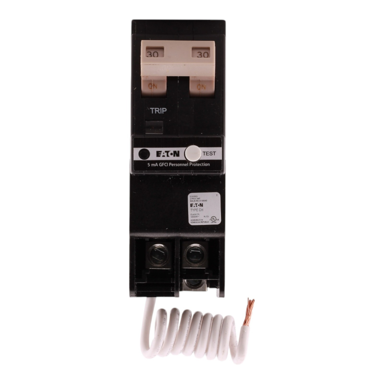 Eaton CH CHFN230GF 30A 2P 120/240V GFCI Pigtail Neutral Circuit Breaker