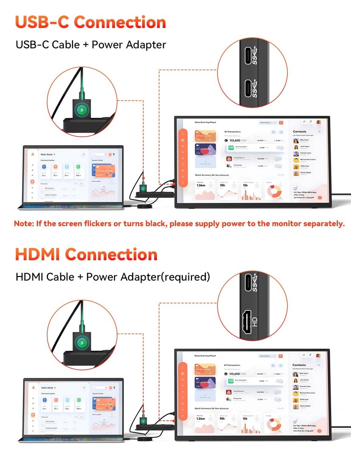 HotYeah 23.8″ 100Hz Portable Monitor, 1080P FHD 100% sRGB IPS USB-C HDMI Larg…