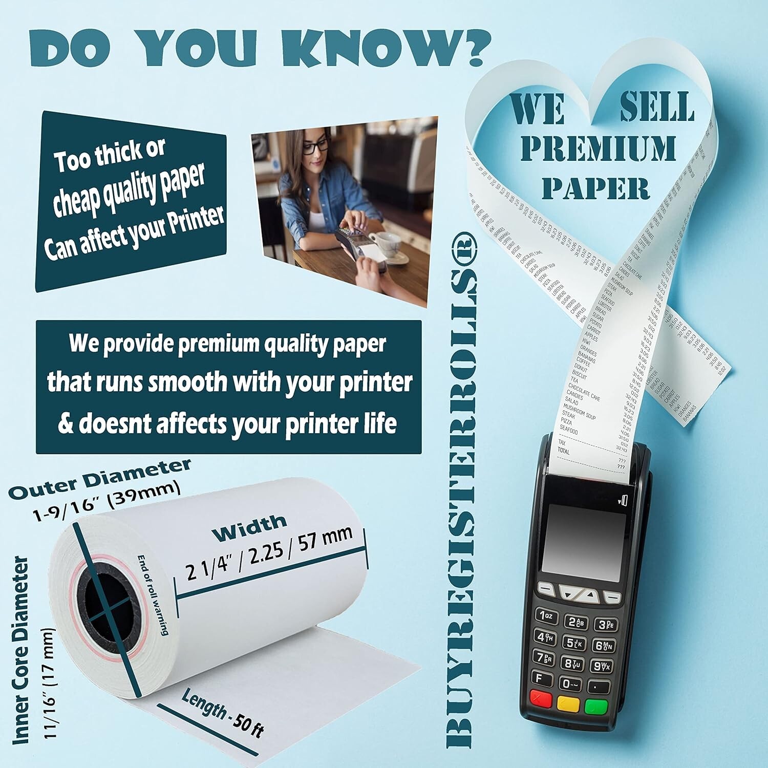 Thermal Paper Rolls – 50 Pack 2 1/4″ x 50′ BPA Free, Recyclable & Glossy Finish