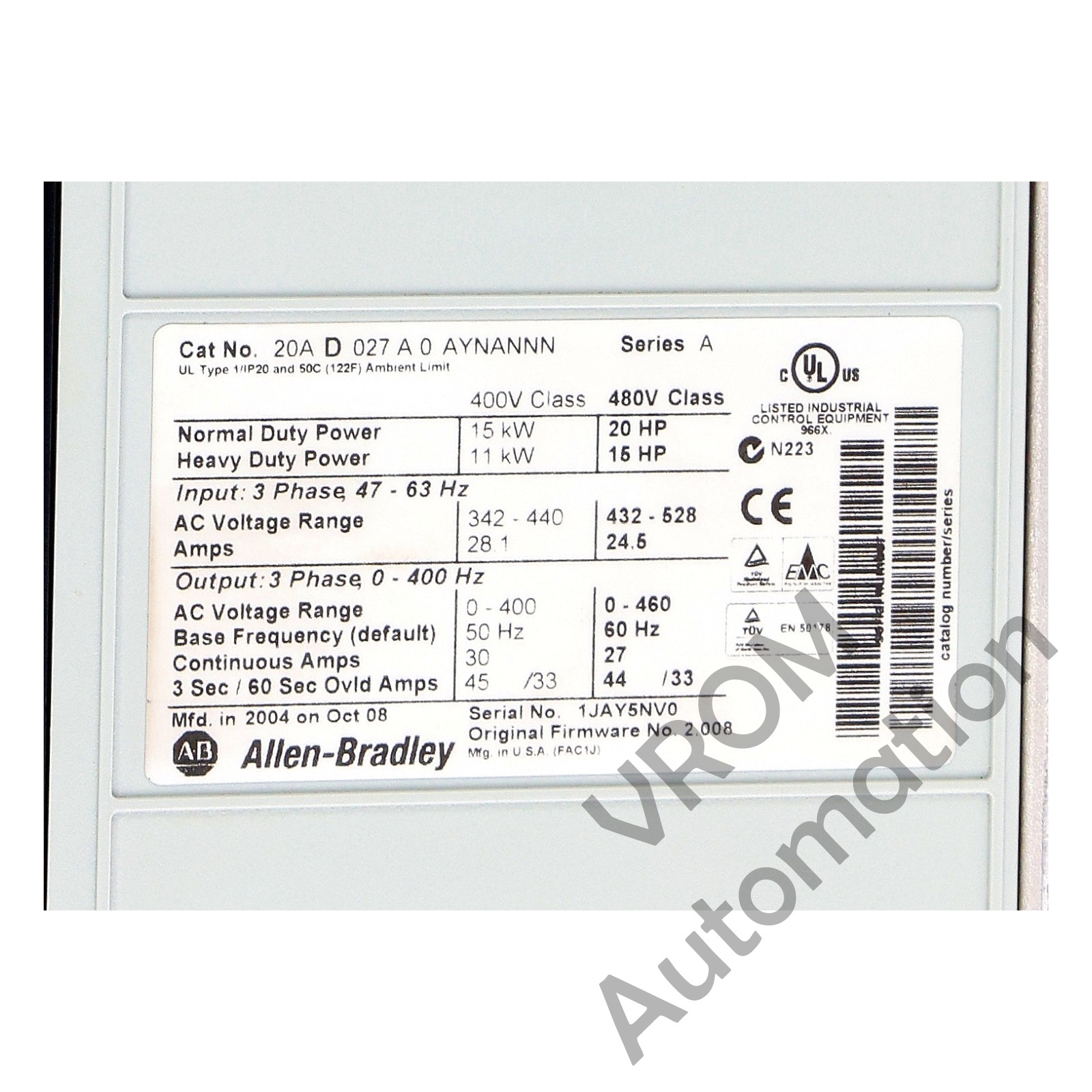 Allen Bradley 20AD027A0AYNANNN /A PowerFlex 70 480V 27A 20HP Normal Duty 15HP He