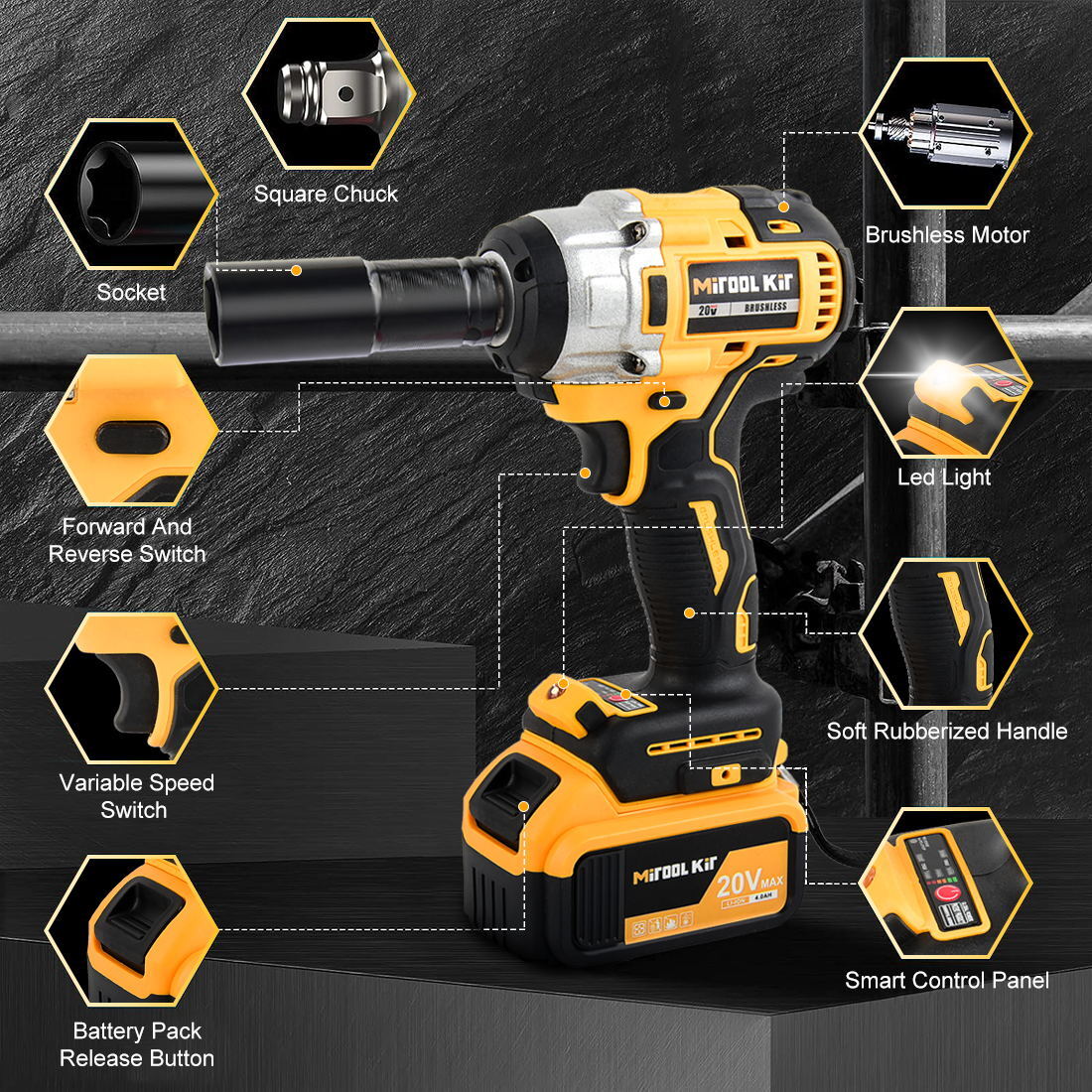 20V Cordless Impact Wrench Kit with Batteries & Charger Brushless Motor