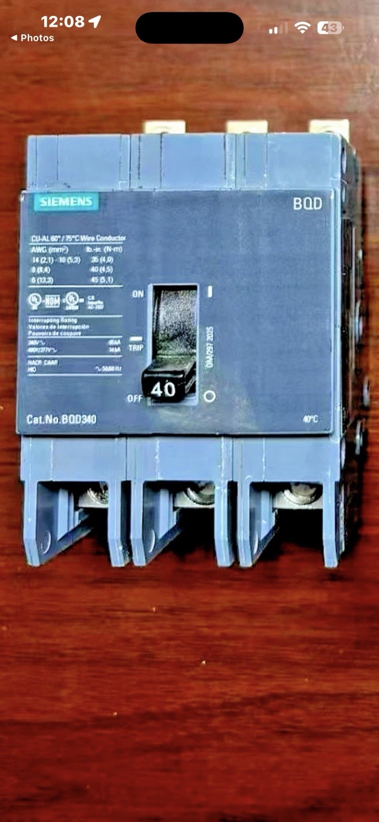 Siemens BQD340 40A 3-Pole Circuit Breaker 480Y/277V Trip Indicator