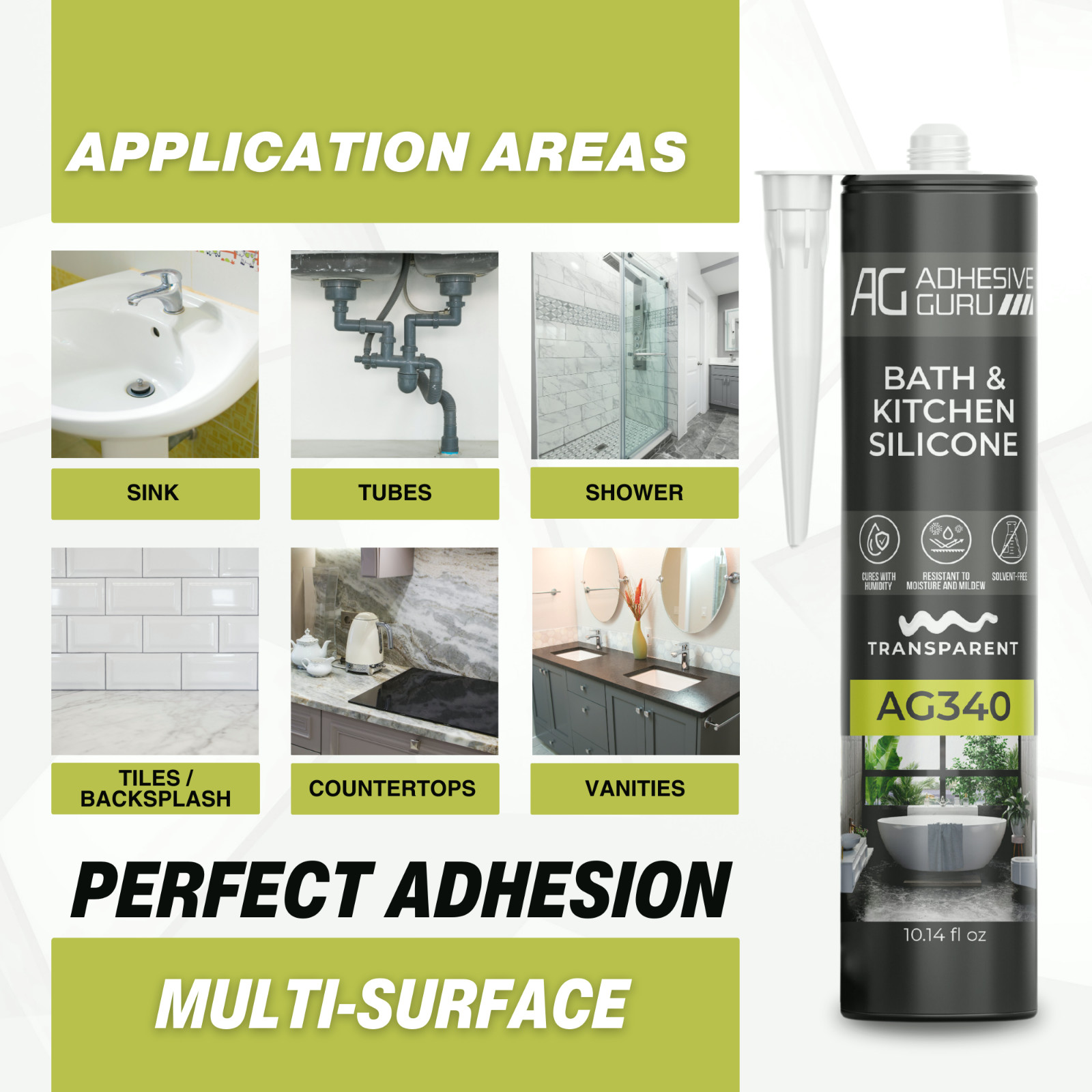 Adhesive Guru AG340 Clear Silicone Sealant (12×10.14 fl oz), 100% Silicone Caulk