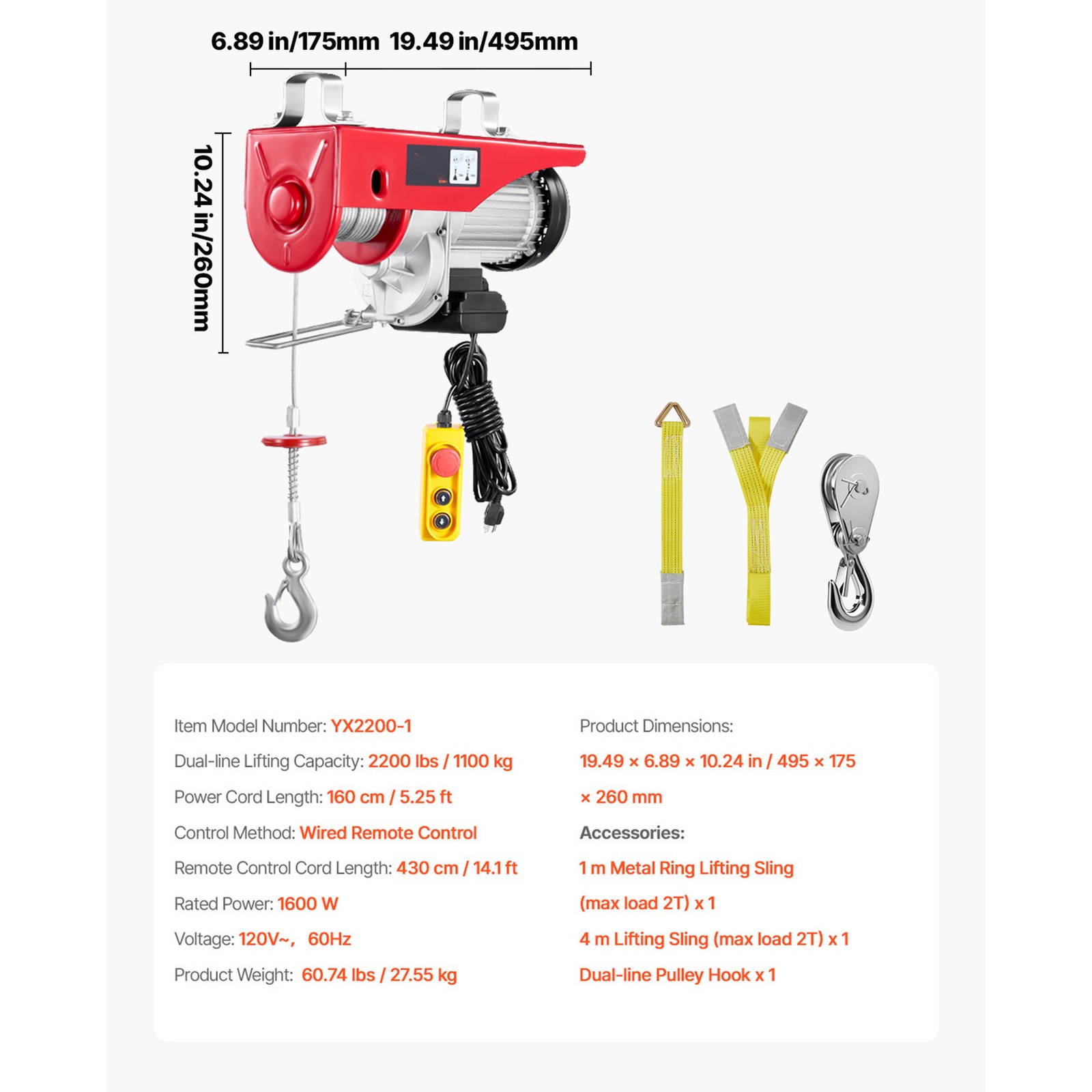 Uimoso Electric Hoist 2200lbs Crane Winch with Wired Remote Control 1600W 110V