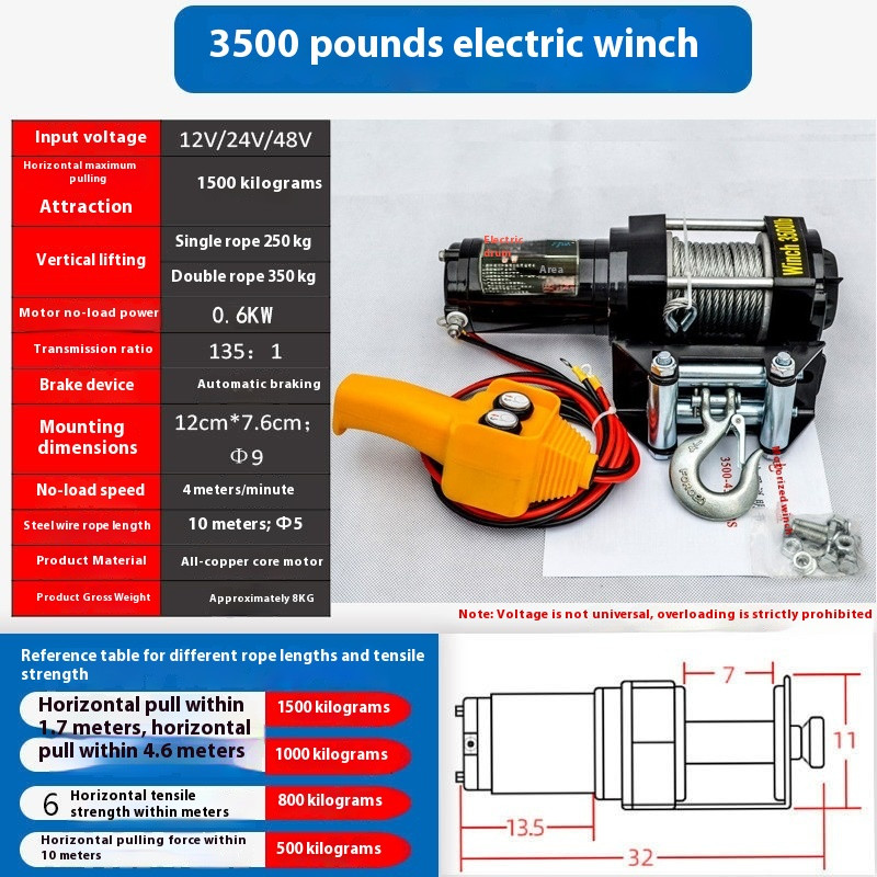 Electric Winch 12V, 24V, 48V, 60V, Vehicle-mounted Electric Hoist Winch