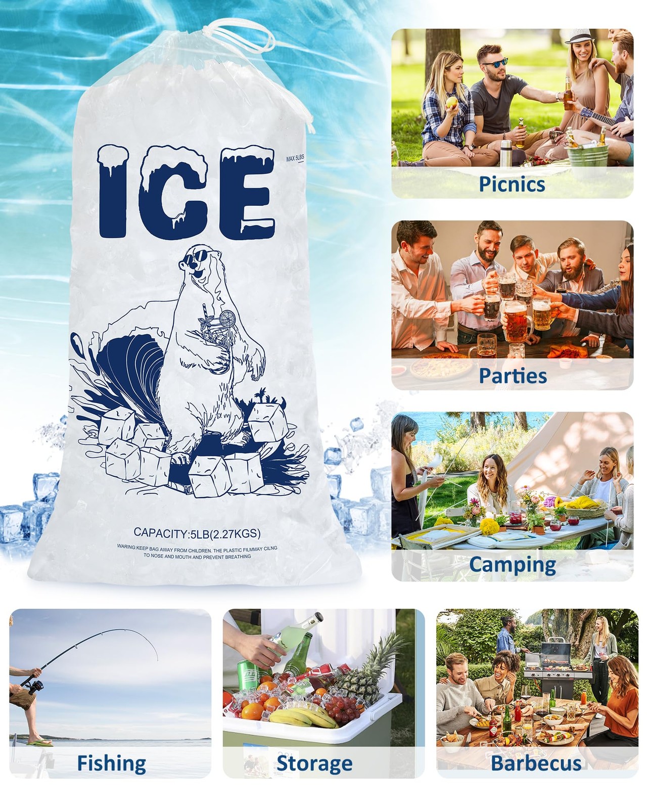 5lb Ice Bags with Drawstring – 50 Pack Reusable Heavy-Duty 50PACK, 5LB