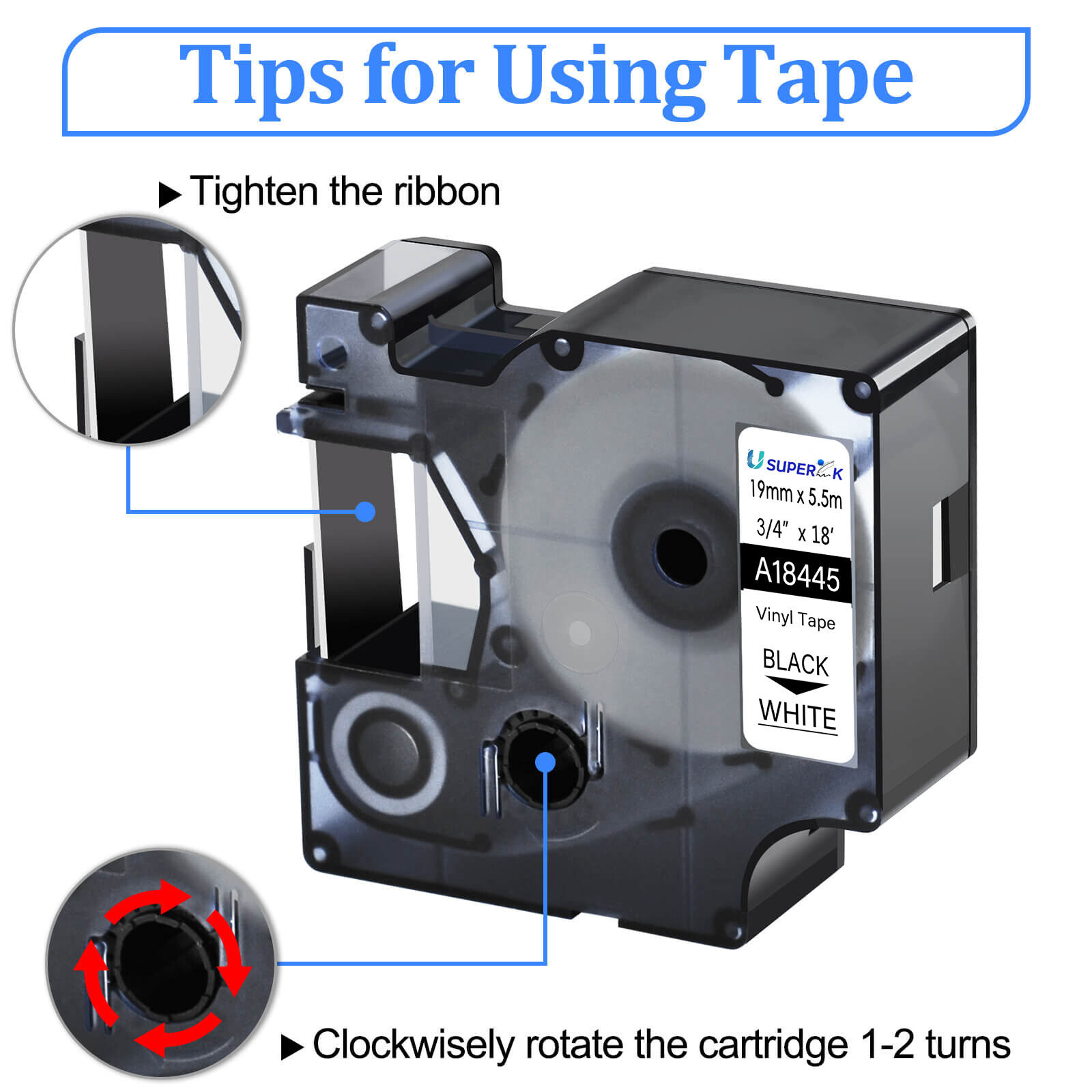 5PK 18445 Black on White Vinyl Industrial Label 19mm for DYMO Rhino 4000 Tape