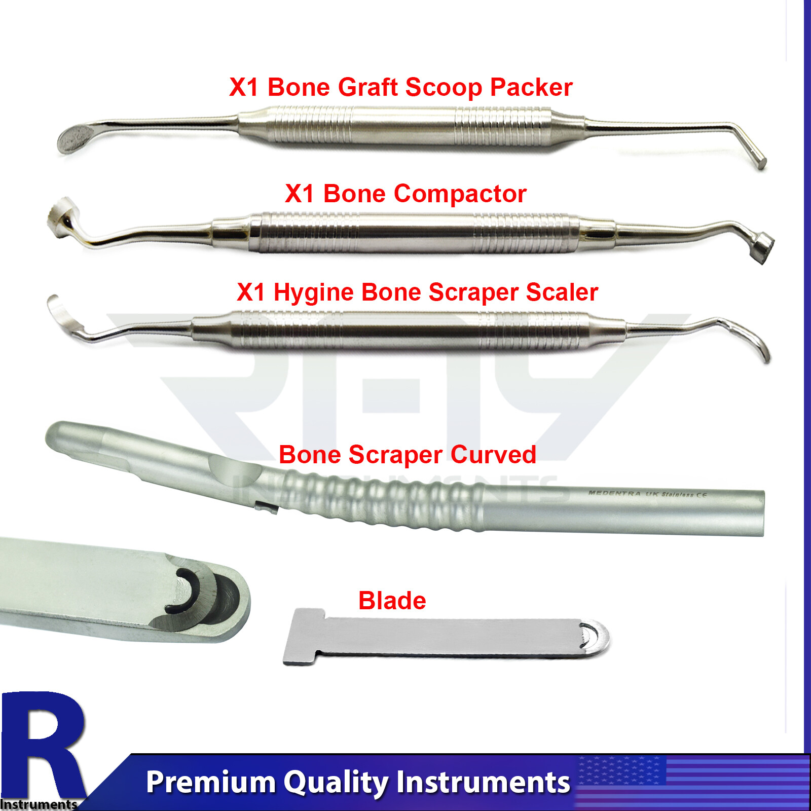 Dental Implant Serrated Bone Grafting Compactor Set Graft Scoop Packer & Scraper