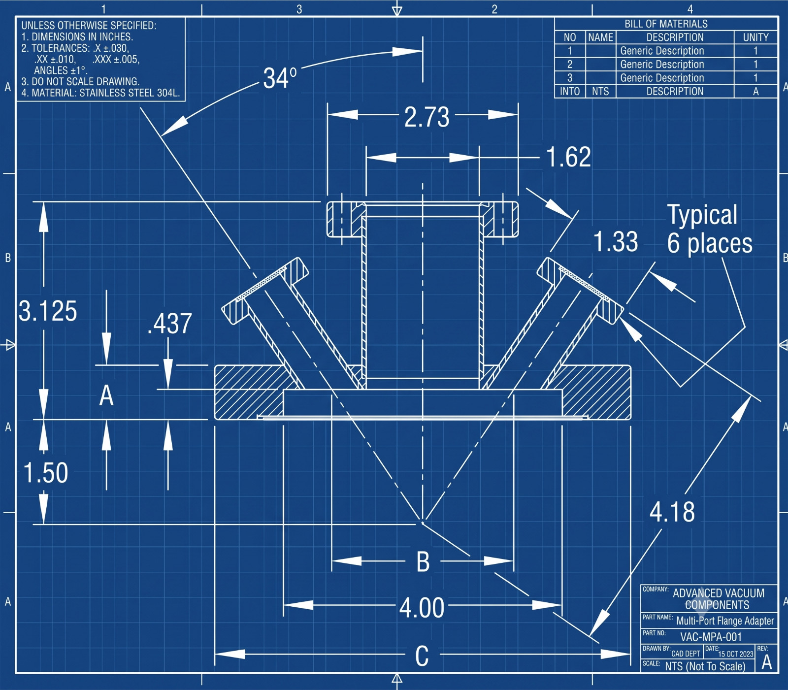 DN100CF 6″ Multiport Flange | 2.75″ CF Raised Center + 6x 1.33″ Ports | MDC
