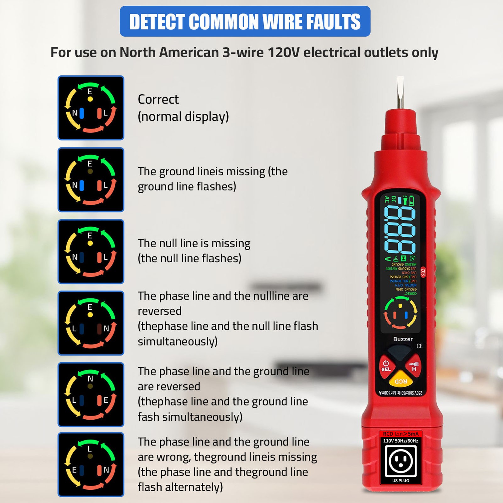 Non Contact Voltage Detector With LCD Display Neutral Live Wire Tester For Ci