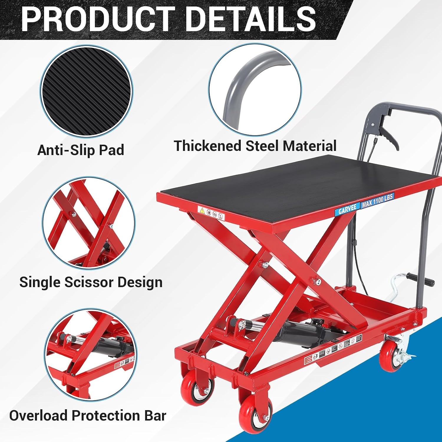 500Lbs Hydraulic Lift Table Cart 28.5in Height 4 Swivel Wheels Non-Slip Pad Use