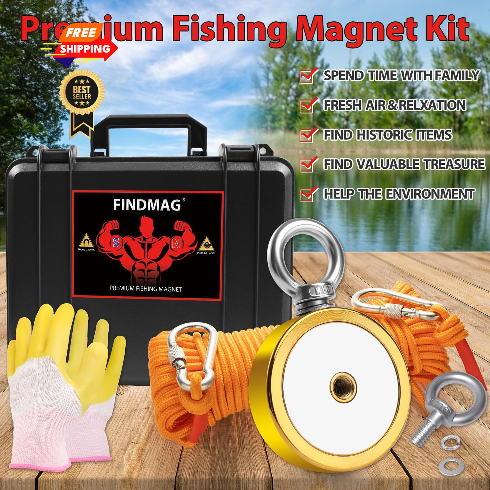 FINDMAG Double Sided 1000 lbs 2.95 inches(75mm)-1000lb, Golden Hole
