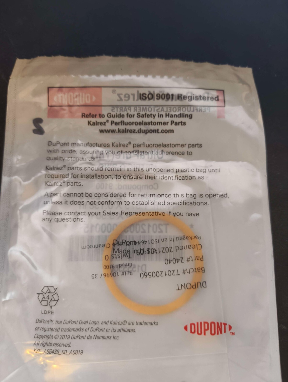 Dupont Kalrez Ultrapure Metric O-Ring K#24040 Compound: 9100 (40.00 X 3.50 mm)