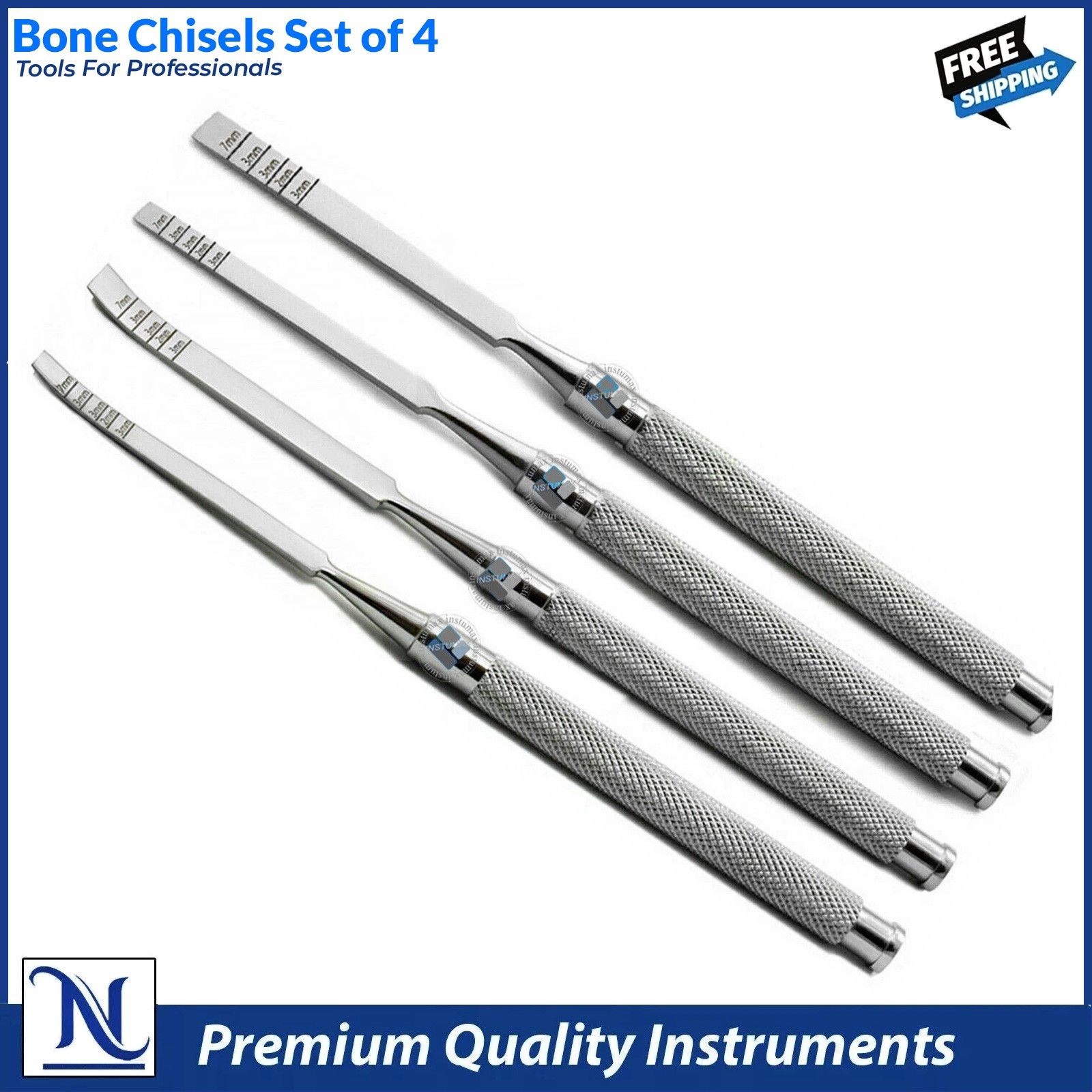 Set of 4 Dental Chisels Straight and Curved | Surgical Bone Splitting & Ridge