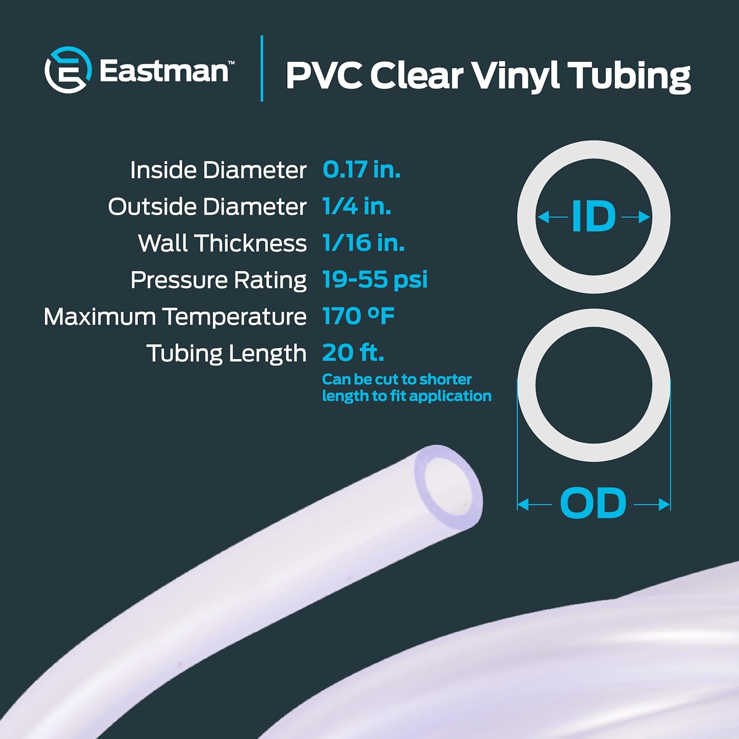 0.17 Inch ID (1/4 Inch OD) PVC Clear Vinyl Tubing, 20 Foot Length, 98560