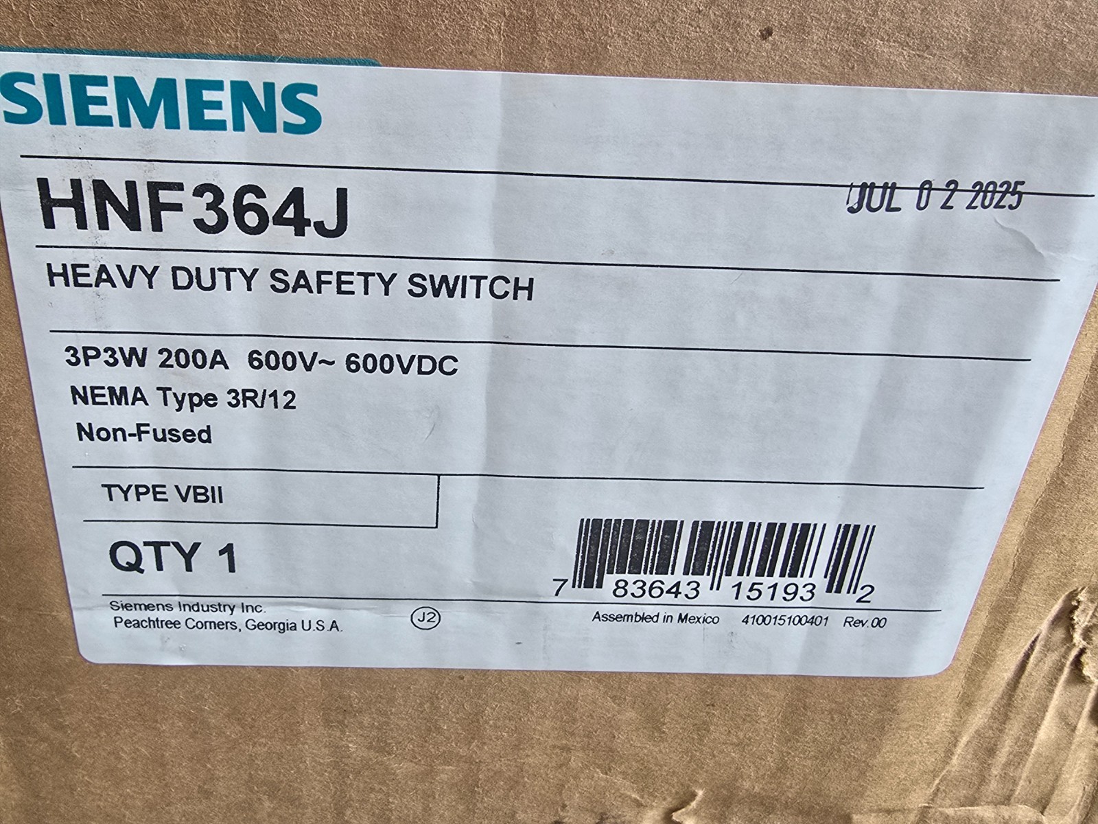 SIEMENS HNF364J, NON-FUSED HEAVY DUTY SAFETY SWITCH ,3p/200A/600V, NEW IN BOX!