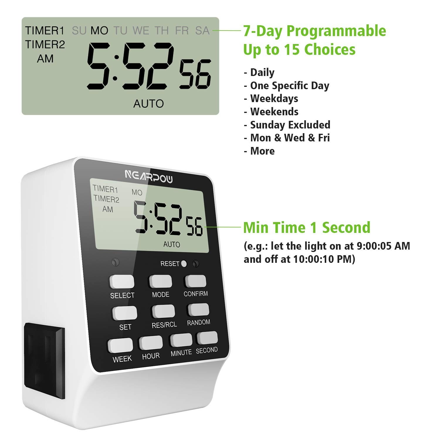 Dual Digital Outlet Timer – 2 Independent Outlets, 18 Programs, Heavy Duty 15A