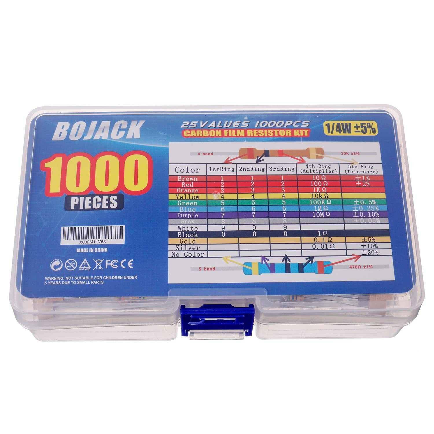 1000 Pcs 25 Values Resistor Kit 1 Ohm-1M Ohm with 5% 1/4W Carbon Film Res