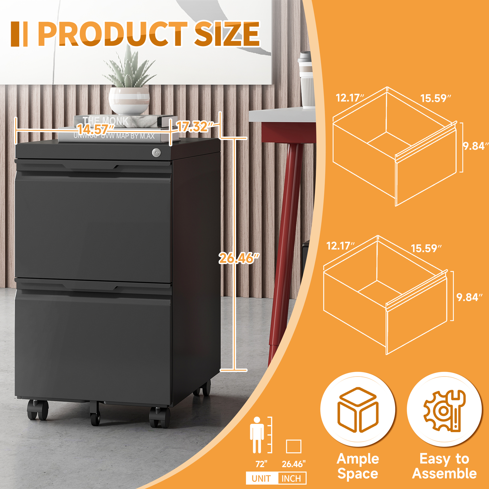 2 Drawer Mobile File Cabinet, Under Desk Storage Cabinet With Lock Office Filing