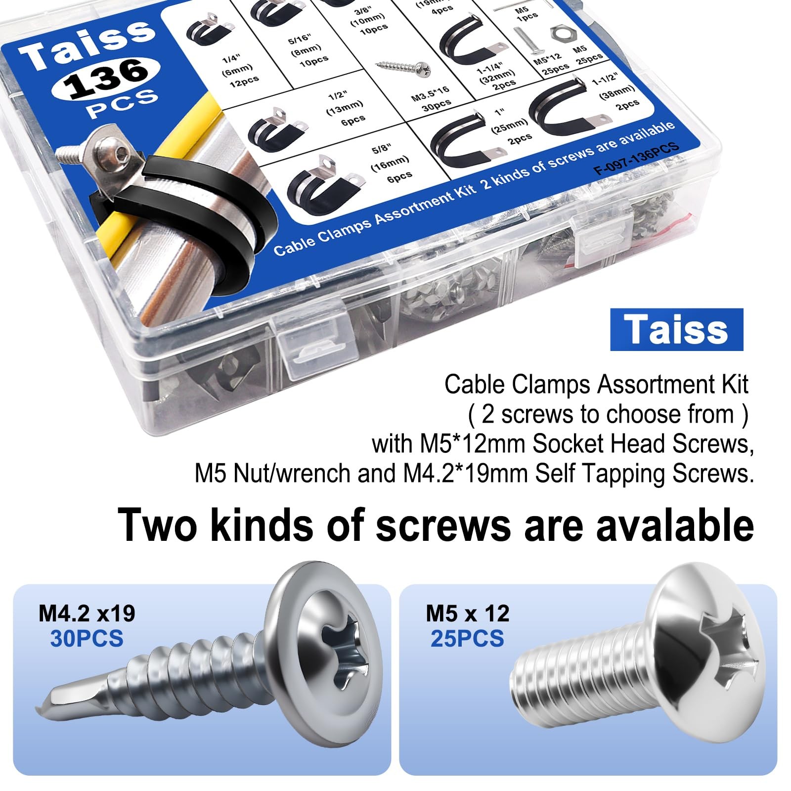 Taiss 136PCS Cable Clamps Assortment Kit Kit,