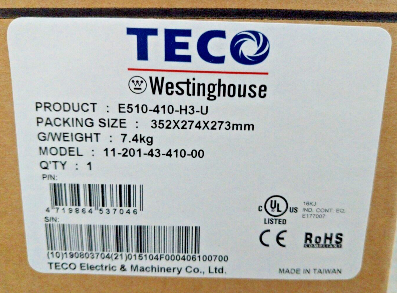 NEW TECO WESTINGHOUSE FREQUENCY INVERTER 10 HP 480 VAC IN/OUT 3Ø E510-410-H3-U