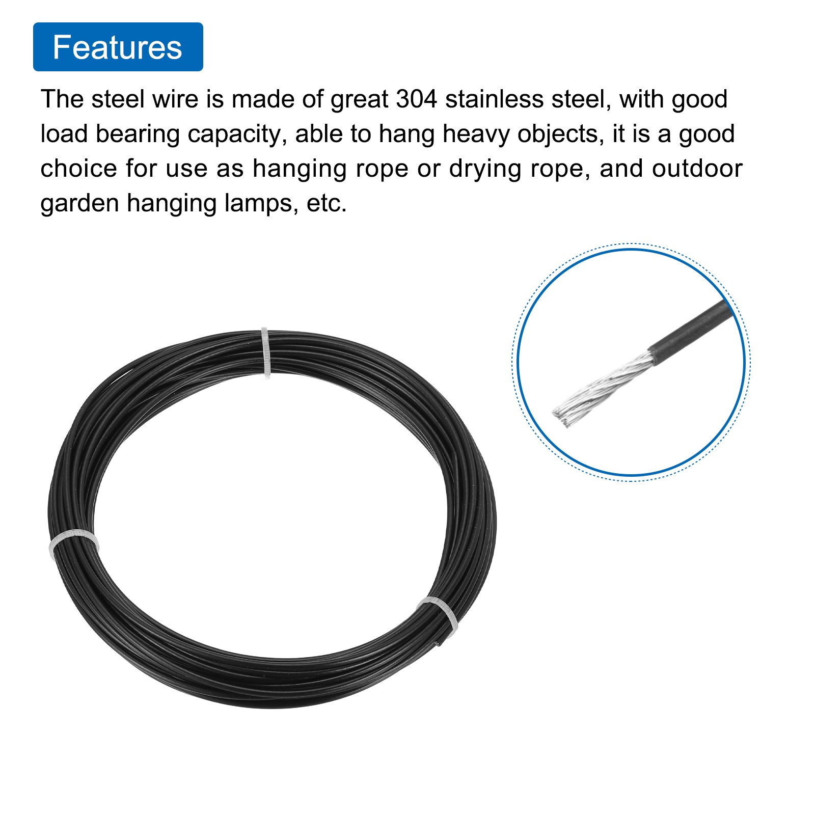 33Ft(10M) Wire Rope Stainless Steel Cable 1/8″ Clamp, Sleeves & Thimble Black