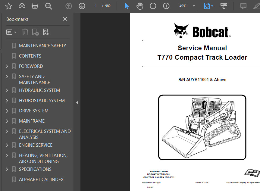 BOBCAT T770 COMPACT TRACK LOADER OPERATORS SERVICE REPAIR SHOP MANUAL PDF USB