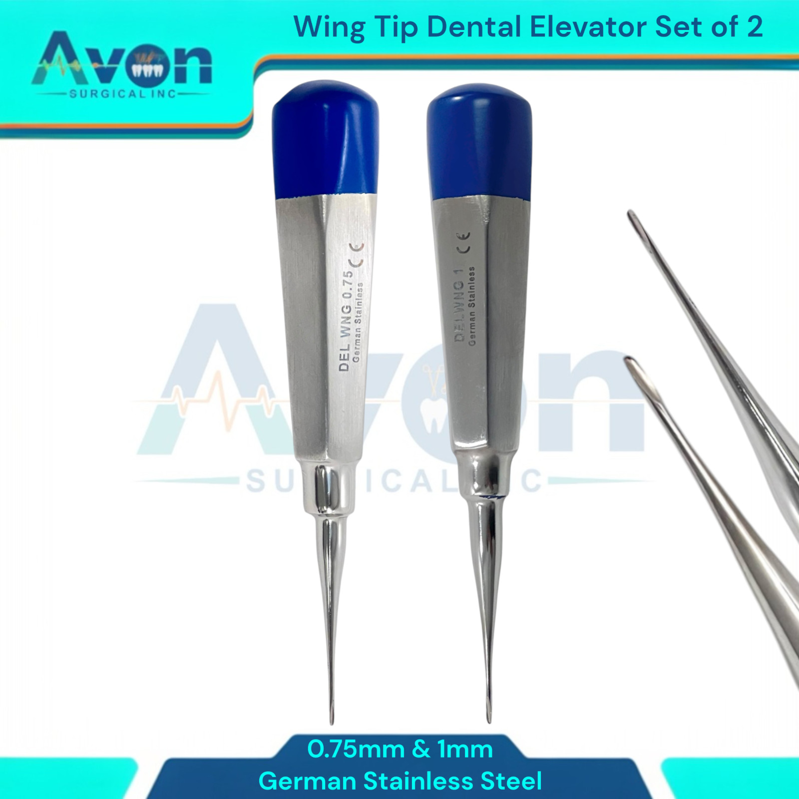 2Pk Dental Veterinary Elevator 0.75mm & 1mm Wing Tip, Straight, Color-Coded