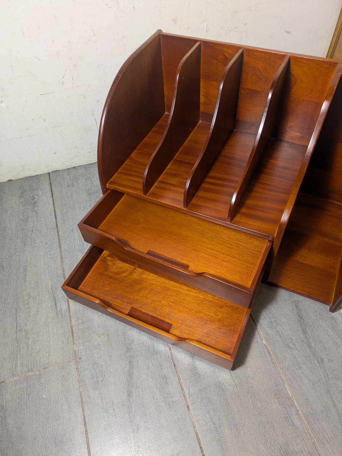 Vintage Mid Century Danish Modern Mahogany Wood Desk Organizer Mail Sorter H66