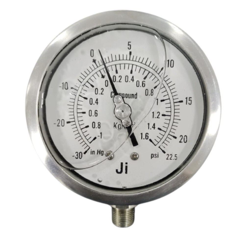 “Ji” Compound Gauge, 4″ Dial, -1 to 1.6 Kg/Cm2, Bottom Entry, SS Body
