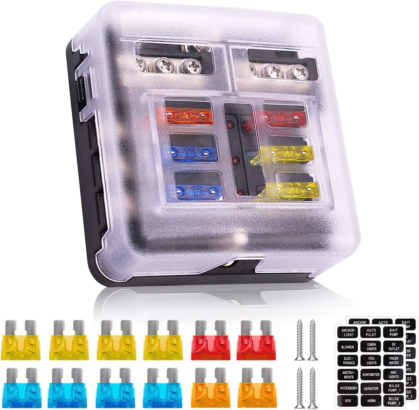 Waterproof 6 Way Fuse Box with LED Indicator for Marine and Automotive Use