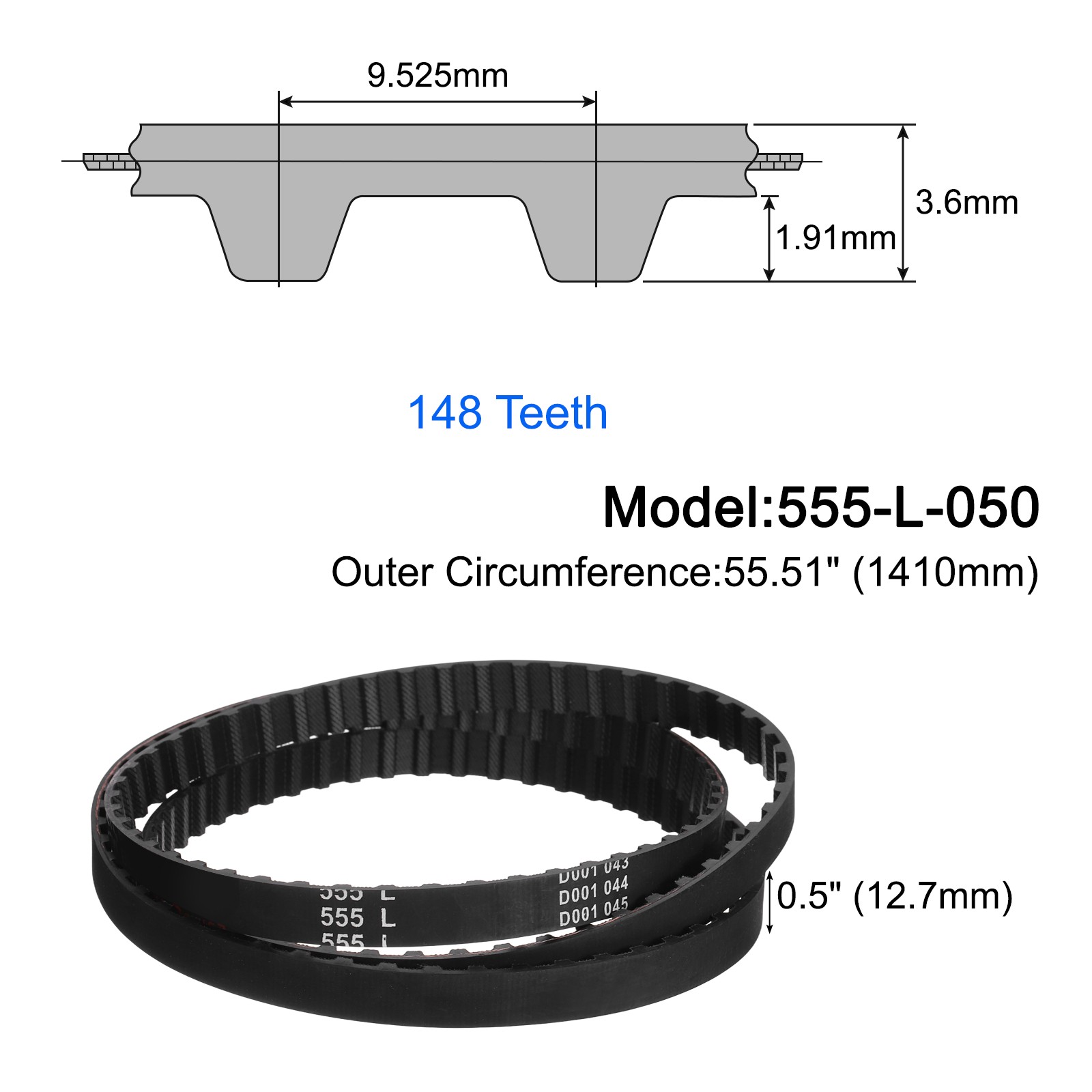 555-L-050 l Timing Belt 55.51″ Pitch Length x 0.5″ Width, 148 Teeth