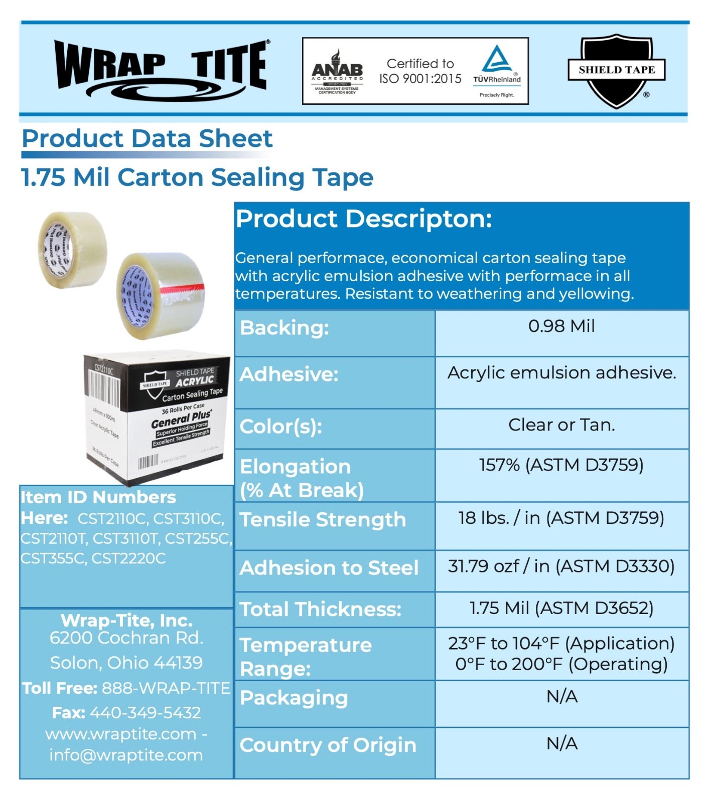 3″ 1.75MIL 55Y, 1CS/24ROLLS ECONOMICAL GENERAL PLUS PACKAGING TAPE MEDIUM DUTY