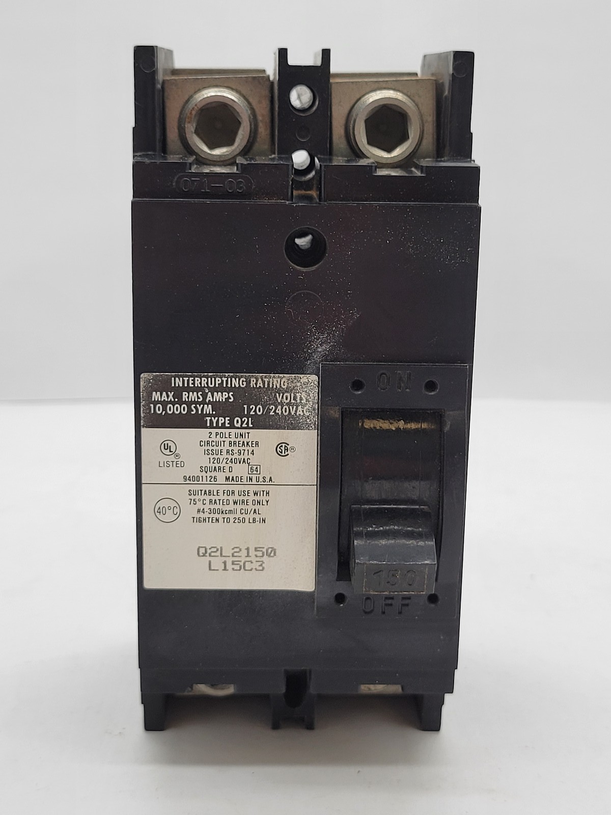 Square D Q2L2150 Circuit Breaker 150A 2P 120/240V Q2L Bolt On Mounting Hardware